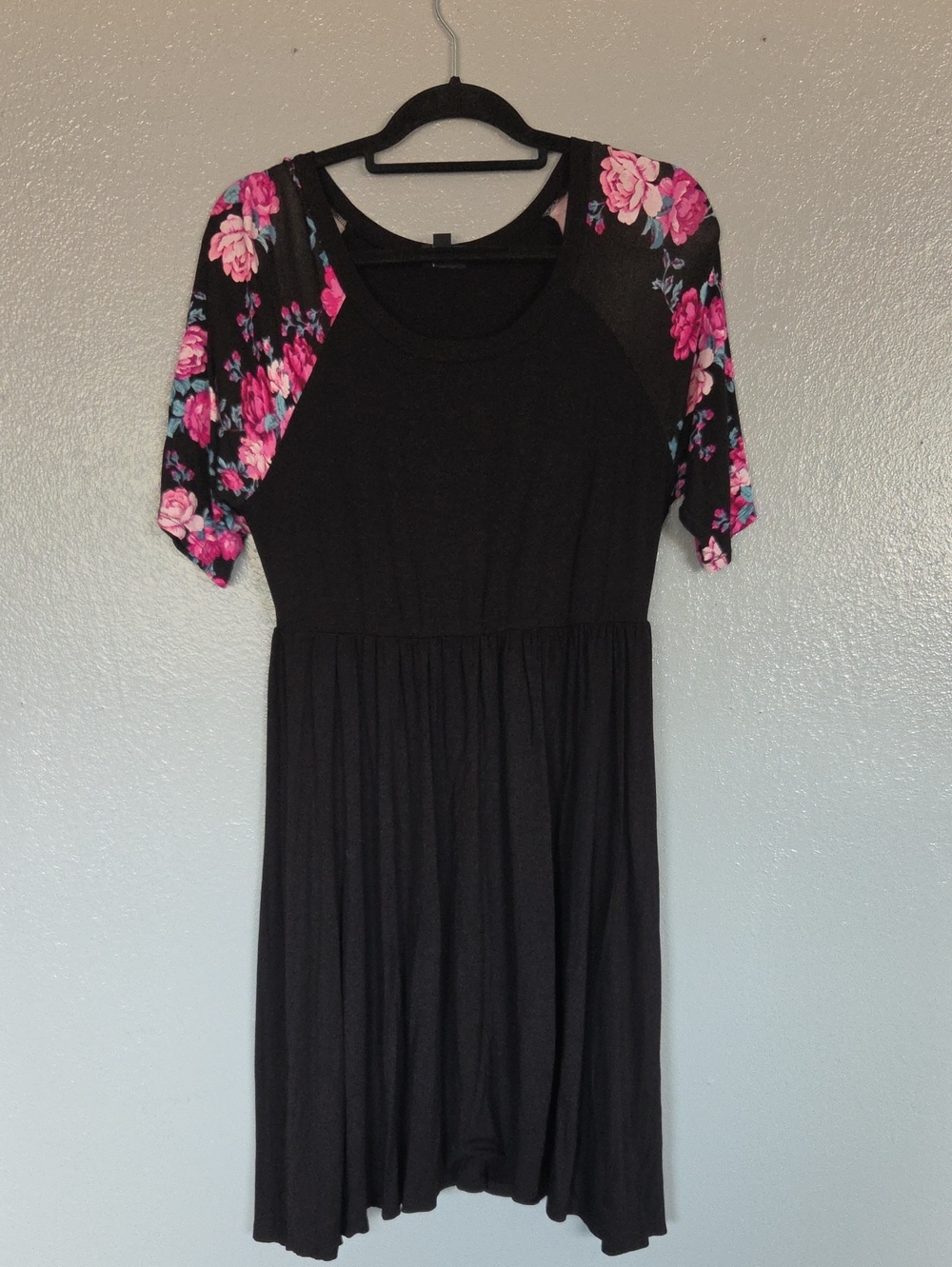 torrid Black Midi Dress with Pink Floral Raglan Sleeves